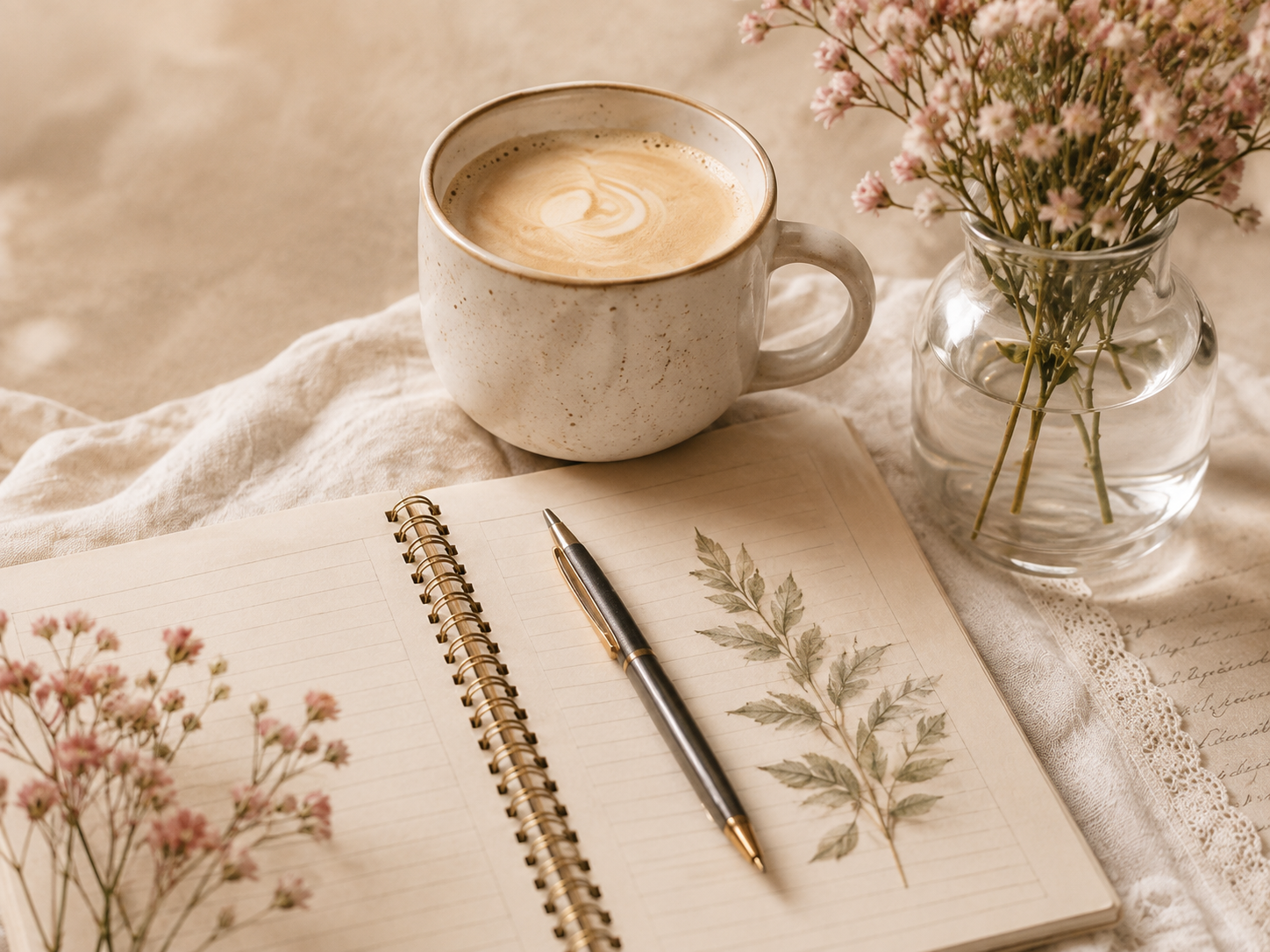 Coffee beside a notebook and botanicals